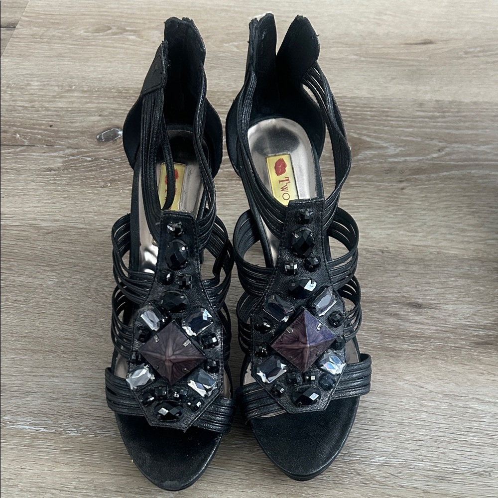 Two Lips Black Heeled Sandals with Gem Accents